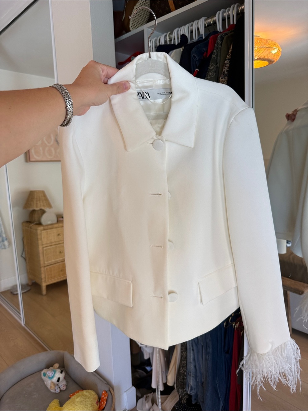 Zara Cream Feather-Cuff Tailored Jacket